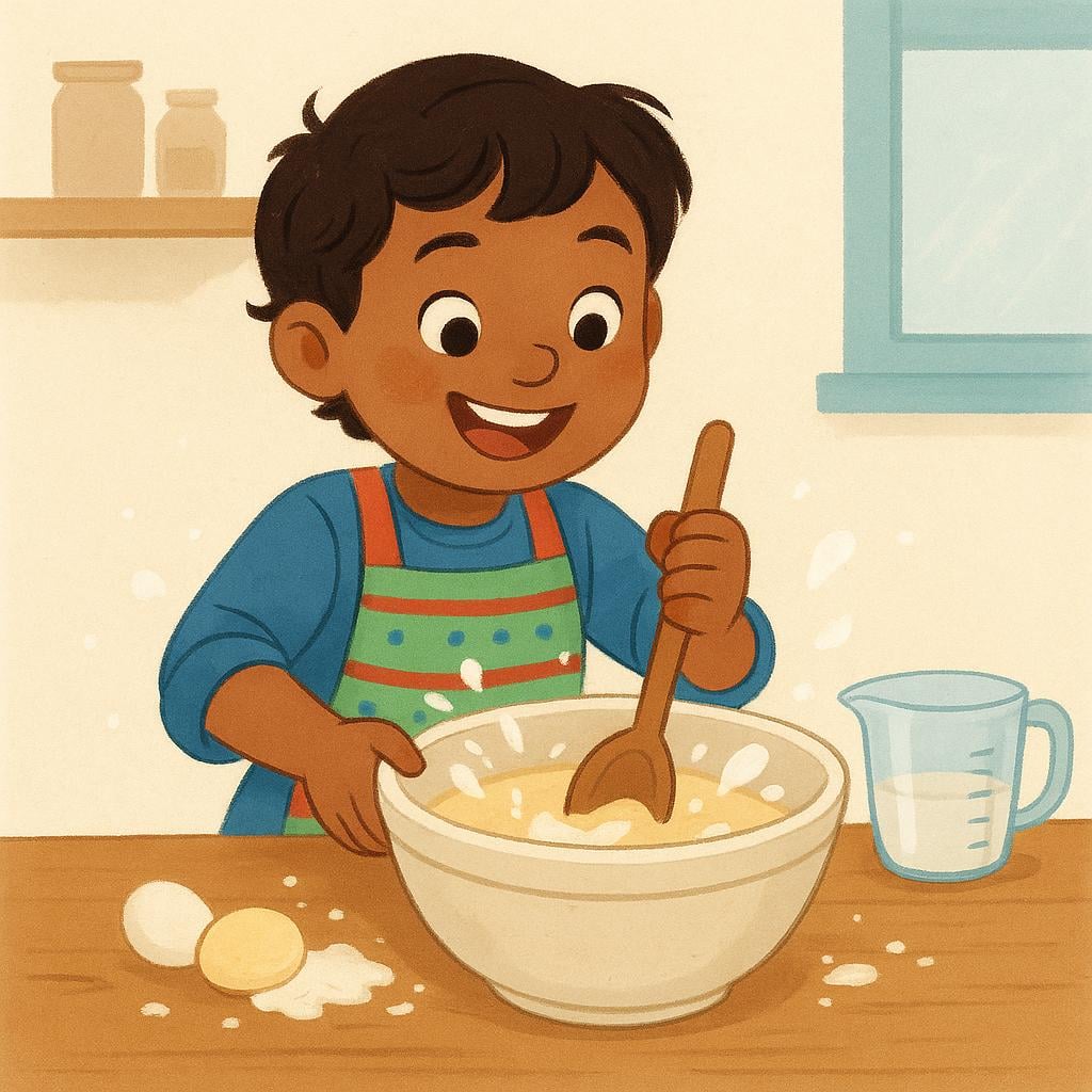 A close-up of a child focused on mixing ingredients in a large silver bowl, indicating participation in a cooking activity.