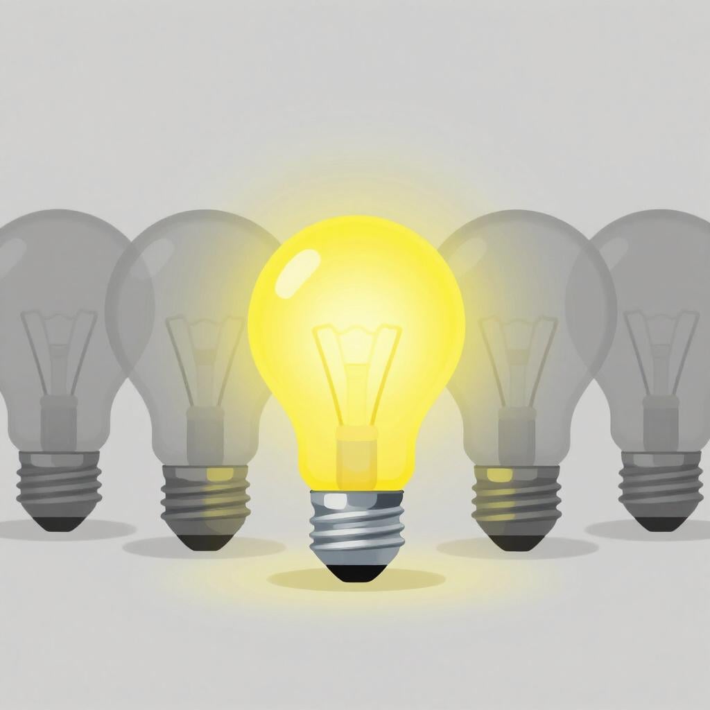 Une ampoule unique et colorée brillant intensément parmi plusieurs ampoules grises et ternes.