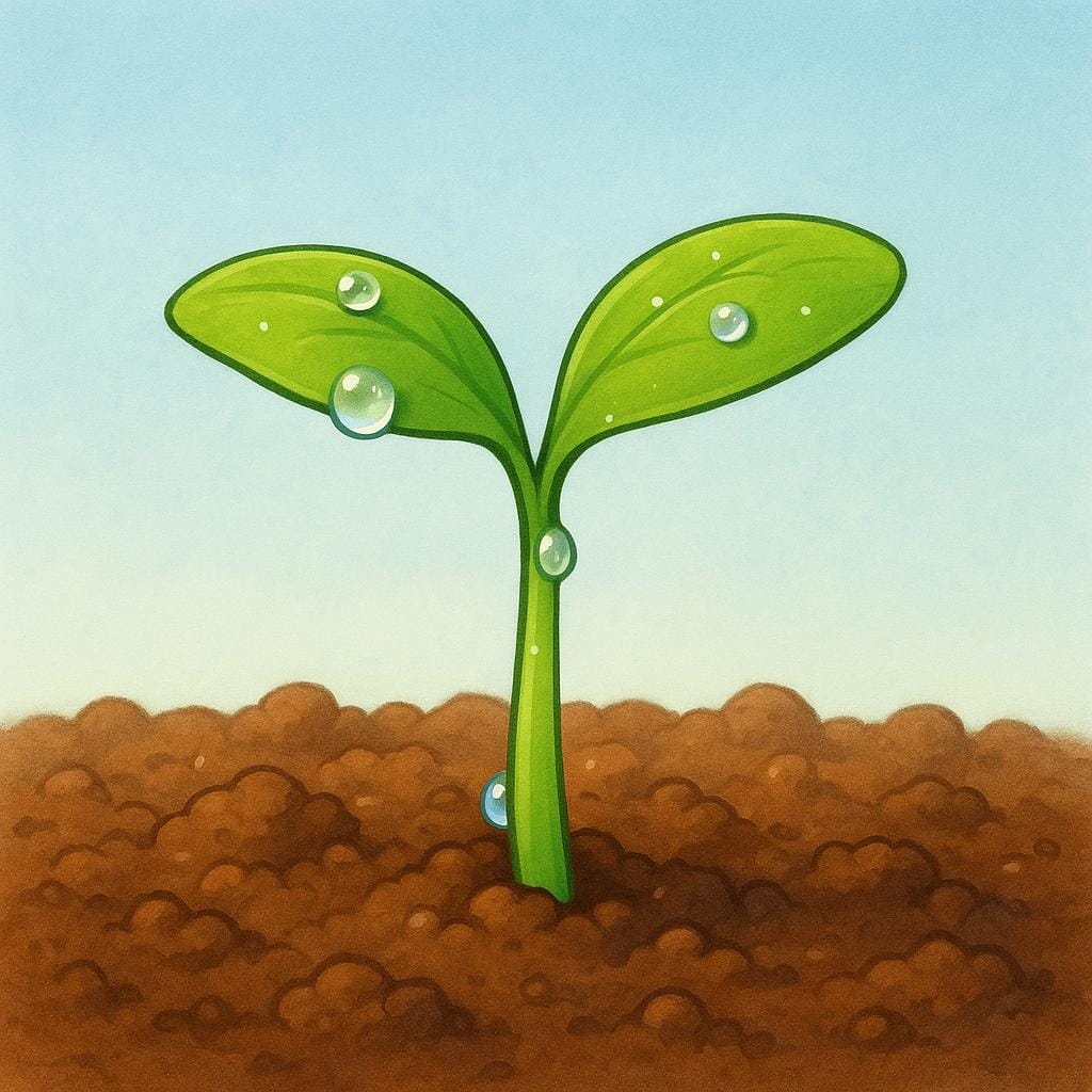 A successful green seedling emerging from the brown earth, symbolizing something that has occurred or happened.