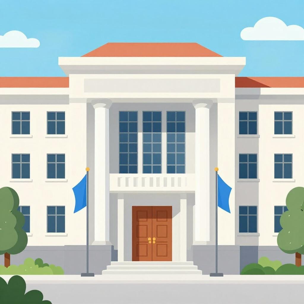 A formal stone government building with a large wooden door and professional flags at the entrance.