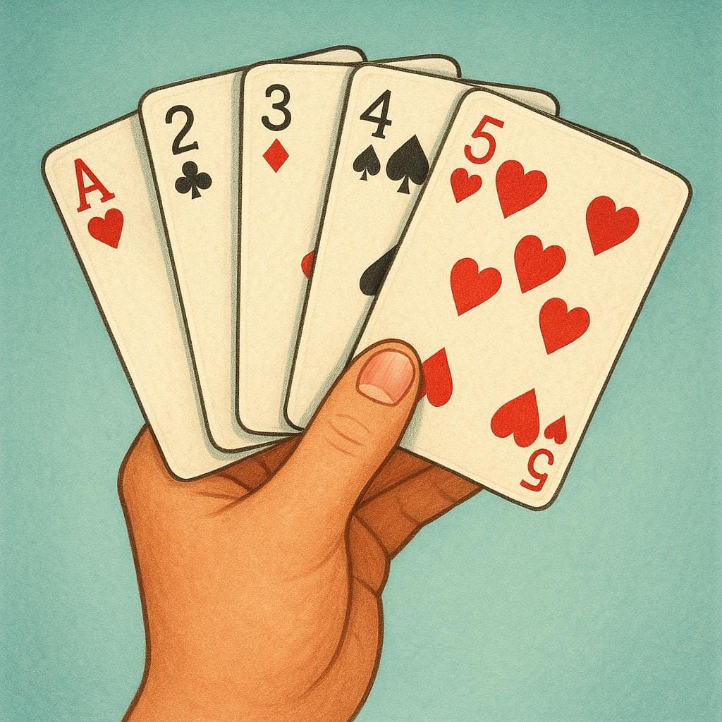 A fan of five standard playing cards, such as those used in poker or bridge.