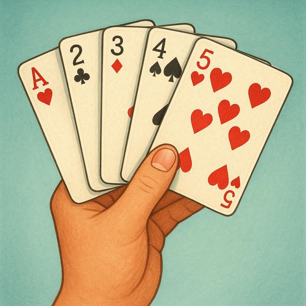 A fan of five standard playing cards, such as those used in poker or bridge.
