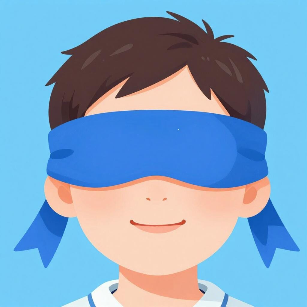 Una persona che indossa un morbido panno blu legato sugli occhi come una benda.