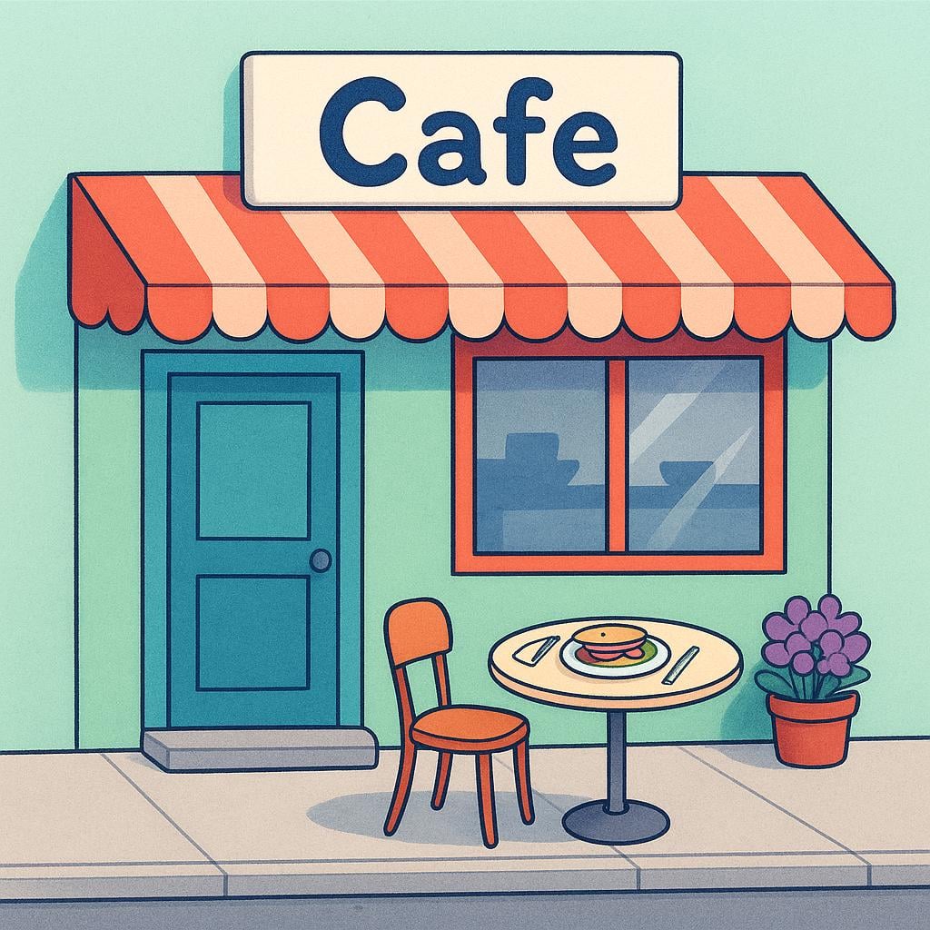 A simple, colorful storybook illustration of the exterior of a cozy restaurant building with large windows. A small dining table is set up outside on the sidewalk.