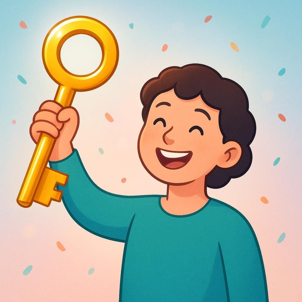 Een lachend persoon die succesvol een helder, glimmend voorwerp vasthoudt, zoals een grote gouden sleutel, dat hij zojuist heeft verkregen.