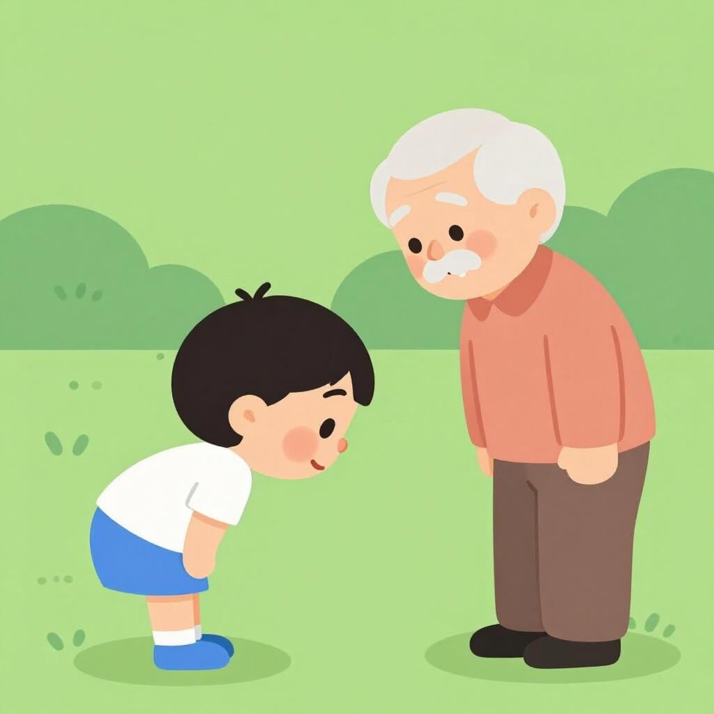 A young child giving a polite, slight bow to an elderly person who is smiling warmly in a garden.
