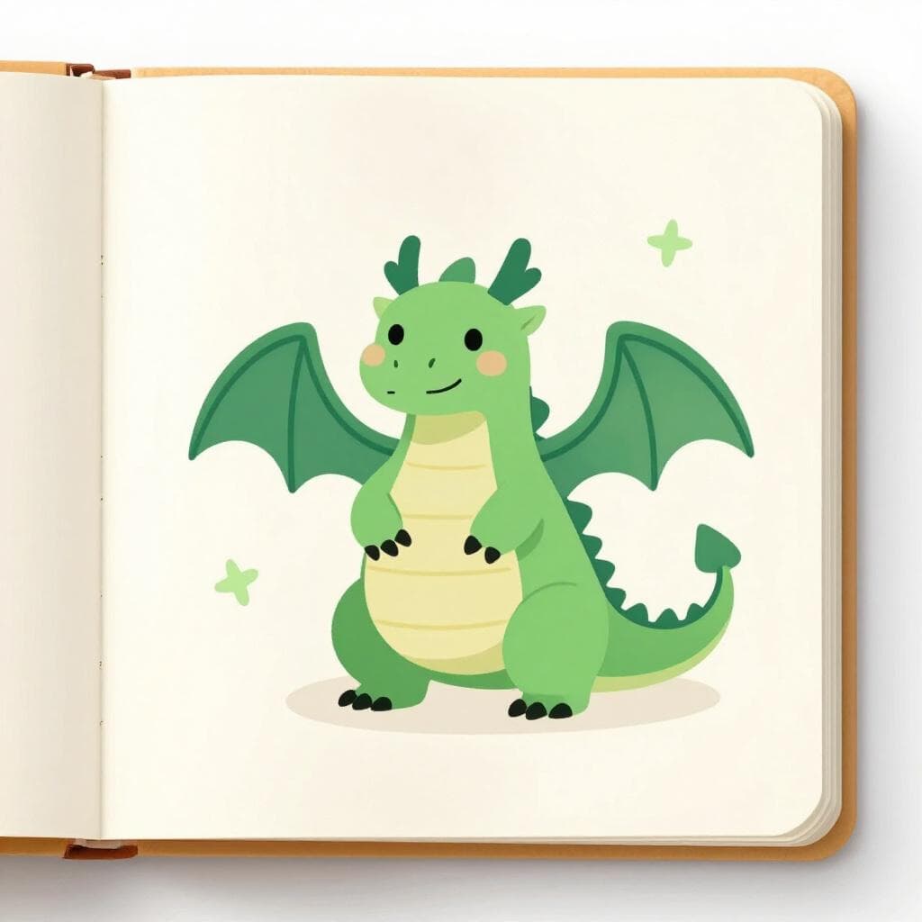 A colorful drawing of a friendly dragon on the page of an open storybook.