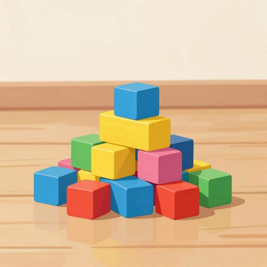 A small pile of wooden building blocks left on the floor after a tower was built.