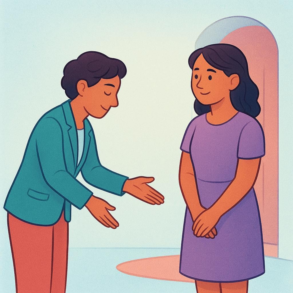 A scene illustrating a formal greeting, where one person bows respectfully with an arm extended in a welcoming gesture towards another person who is standing prominently.