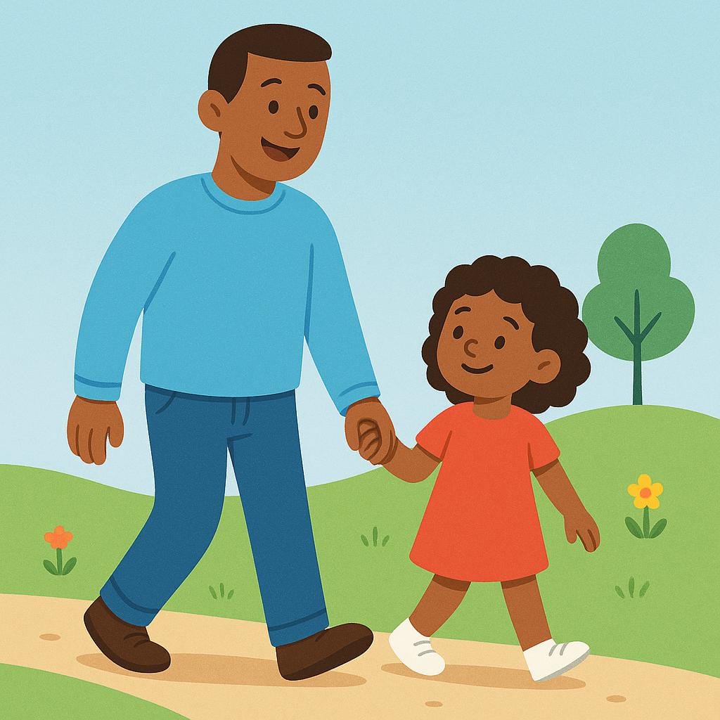 A simple drawing of a smiling adult and a small child holding hands, representing a family relationship.