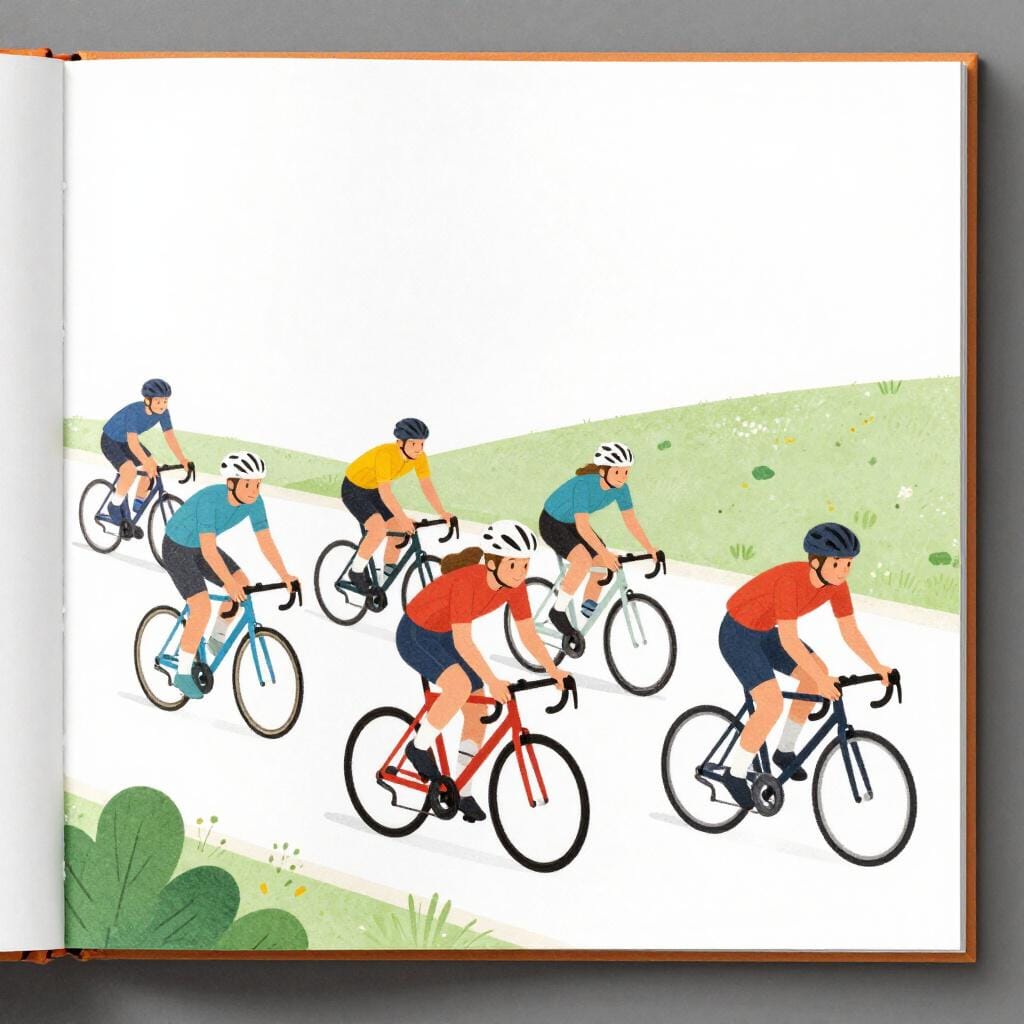 Eine Gruppe von Menschen auf Fahrrädern, die passende Trikots tragen und in einer Reihe zusammen fahren.