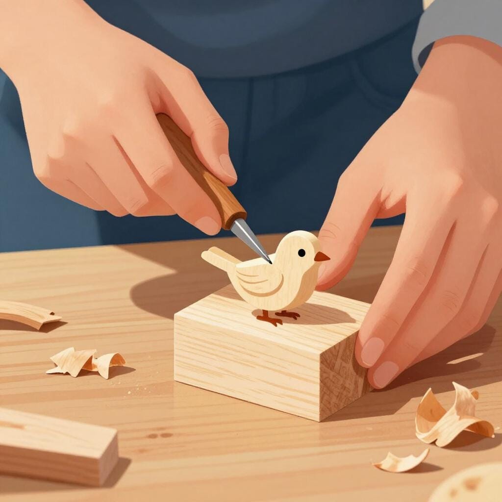 A pair of hands using a small chisel to shape a piece of wood into a simple bird shape.