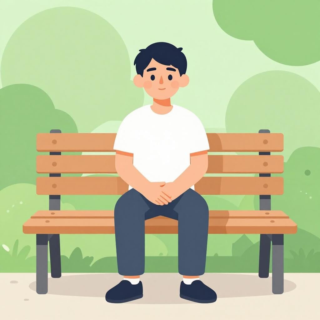 A calm person sitting quietly on a park bench while others are running around chaotically.