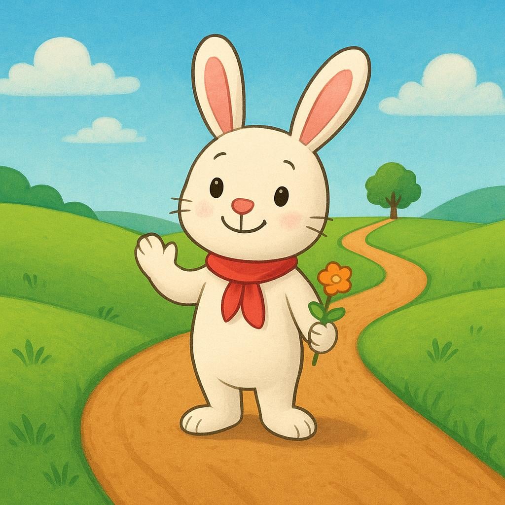 A cheerful cartoon rabbit standing precisely at the midpoint of a winding dirt road leading toward a distant tree, illustrating the halfway point.