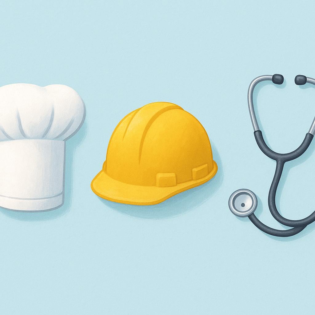 Three distinct objects representing different job positions: a white chef's hat, a yellow construction helmet, and a silver stethoscope, arranged side-by-side on a surface.