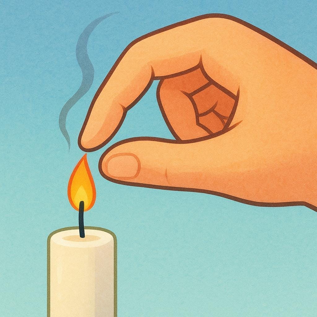 A close-up view of a human hand gently pinching the wick of a small candle, extinguishing the flame.