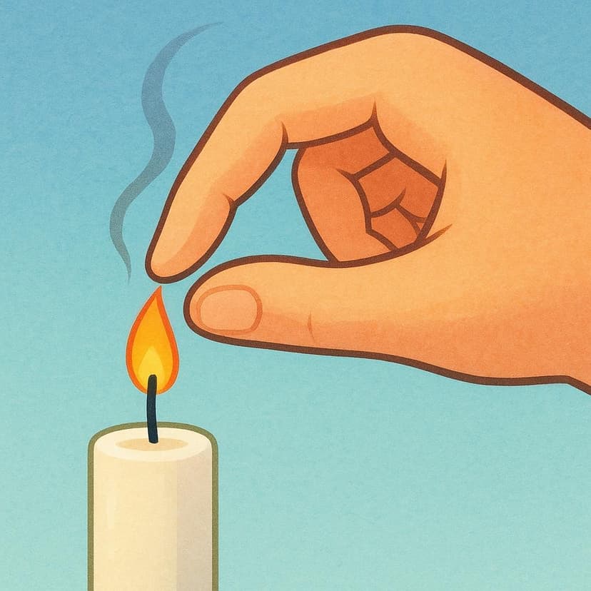 A close-up view of a human hand gently pinching the wick of a small candle, extinguishing the flame.