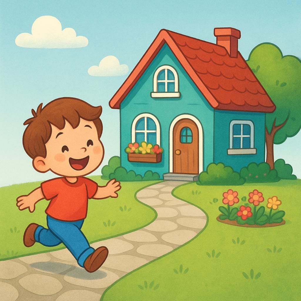 A small child happily skipping towards a brightly colored, cozy house, symbolizing the action of returning home.