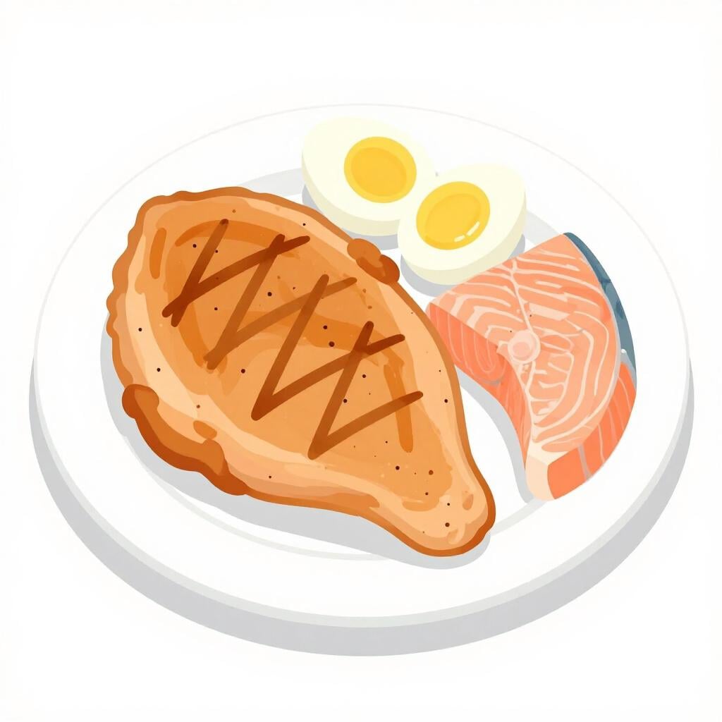 Um prato colorido com peito de frango grelhado, um ovo cozido e um pedaço de salmão.