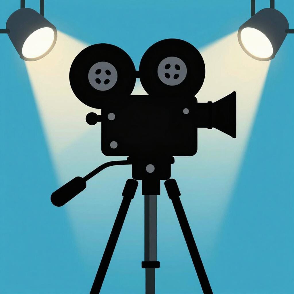 A professional movie camera on a tripod positioned on a film set with bright studio lights.