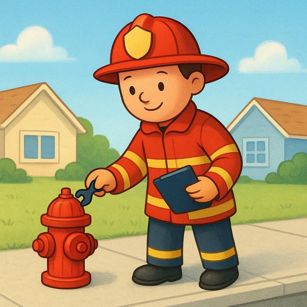 Ein freundlicher Feuerwehrmann in Uniform, der neben einem Hydranten steht.