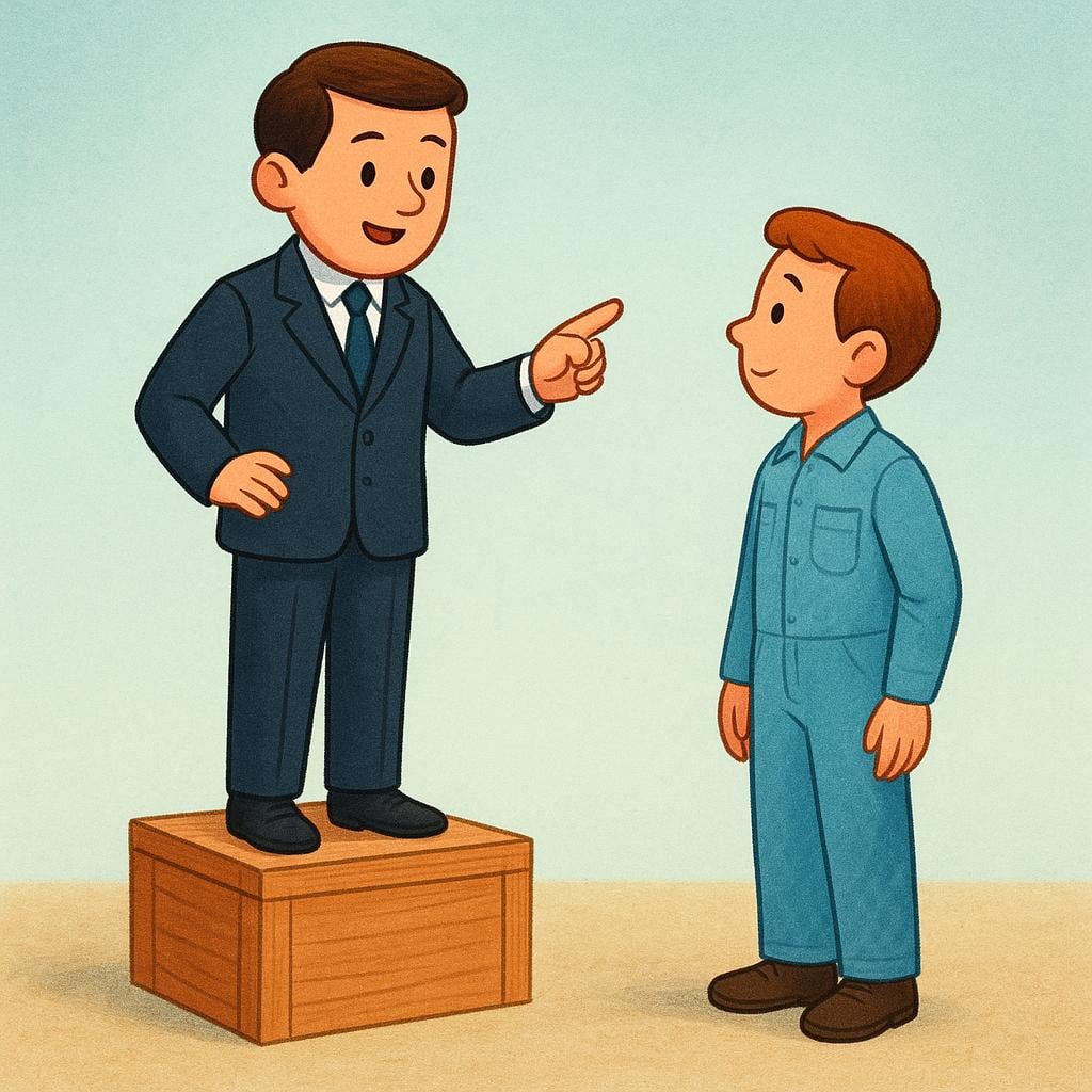 A formal figure standing slightly elevated on a small step, giving instructions to another figure who is standing on the ground and listening attentively, symbolizing higher rank.
