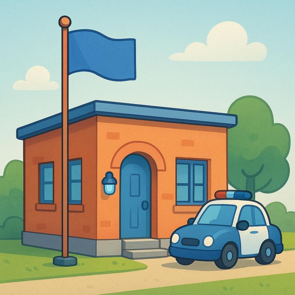 A simple, colorful storybook illustration of a police station, featuring a sturdy building with a light fixture near the entrance and a small, stylized police car parked nearby.