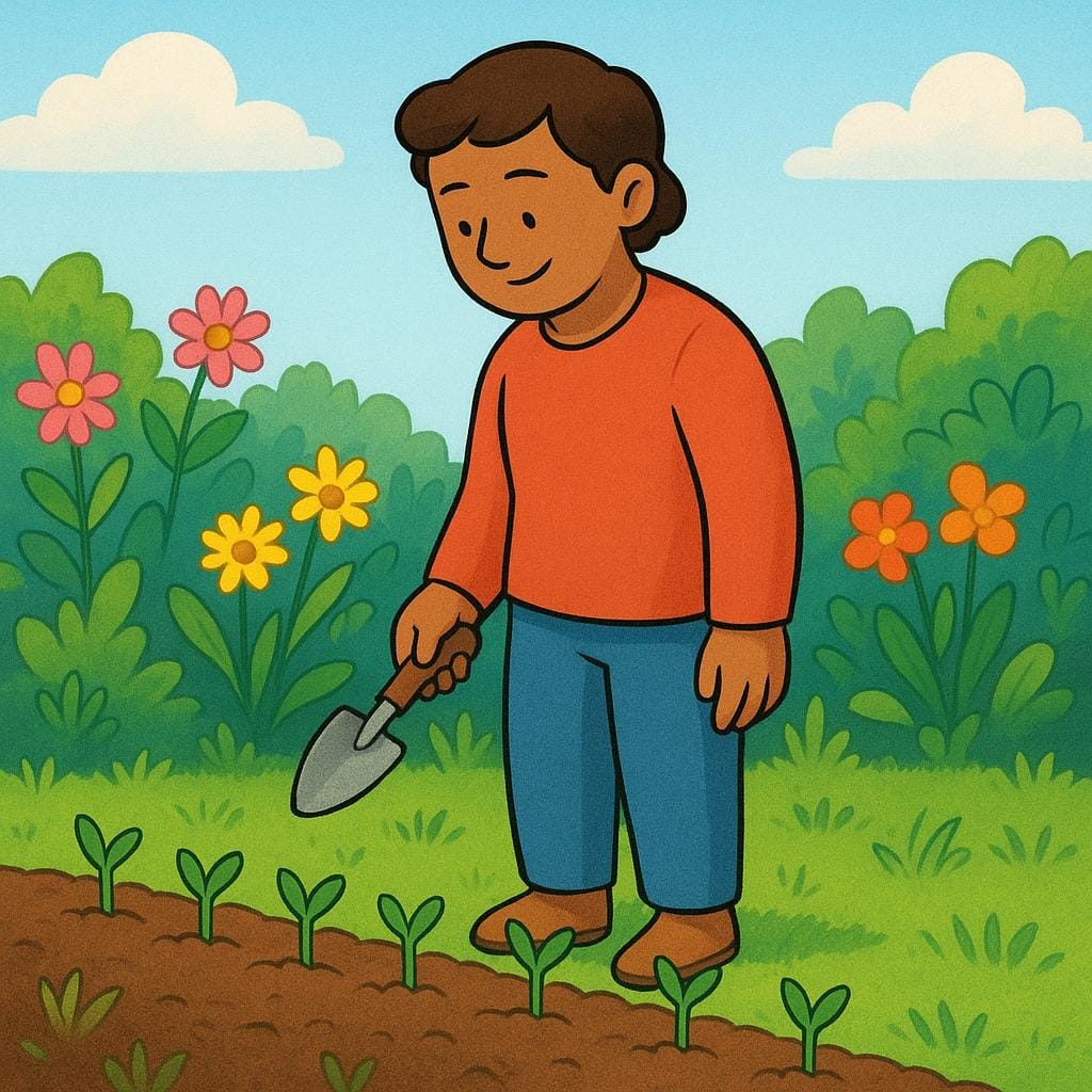 A colorful storybook illustration of a person standing in a sunny garden, holding a small shovel, looking with a satisfied expression at a freshly completed row of planted green sprouts, symbolizing work that has been finished.