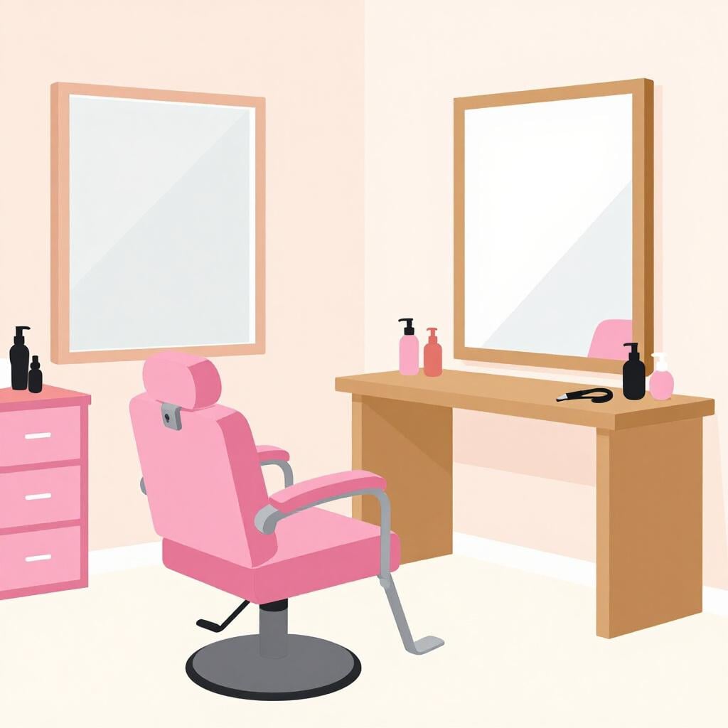 A stylish chair in front of a counter with various colorful bottles and a large round mirror frame.