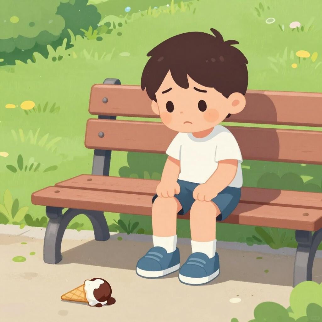 A sad child sitting on a wooden bench looking down at a spilled ice cream cone on the ground.