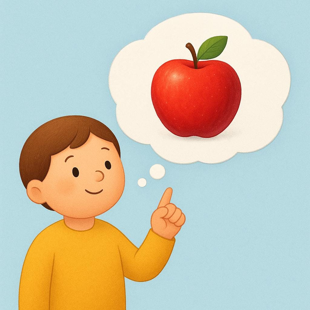 Uma figura de desenho animado aponta para cima para um balão de pensamento acima de sua cabeça, que contém uma única maçã vermelha brilhante, representando um conceito ou termo específico.