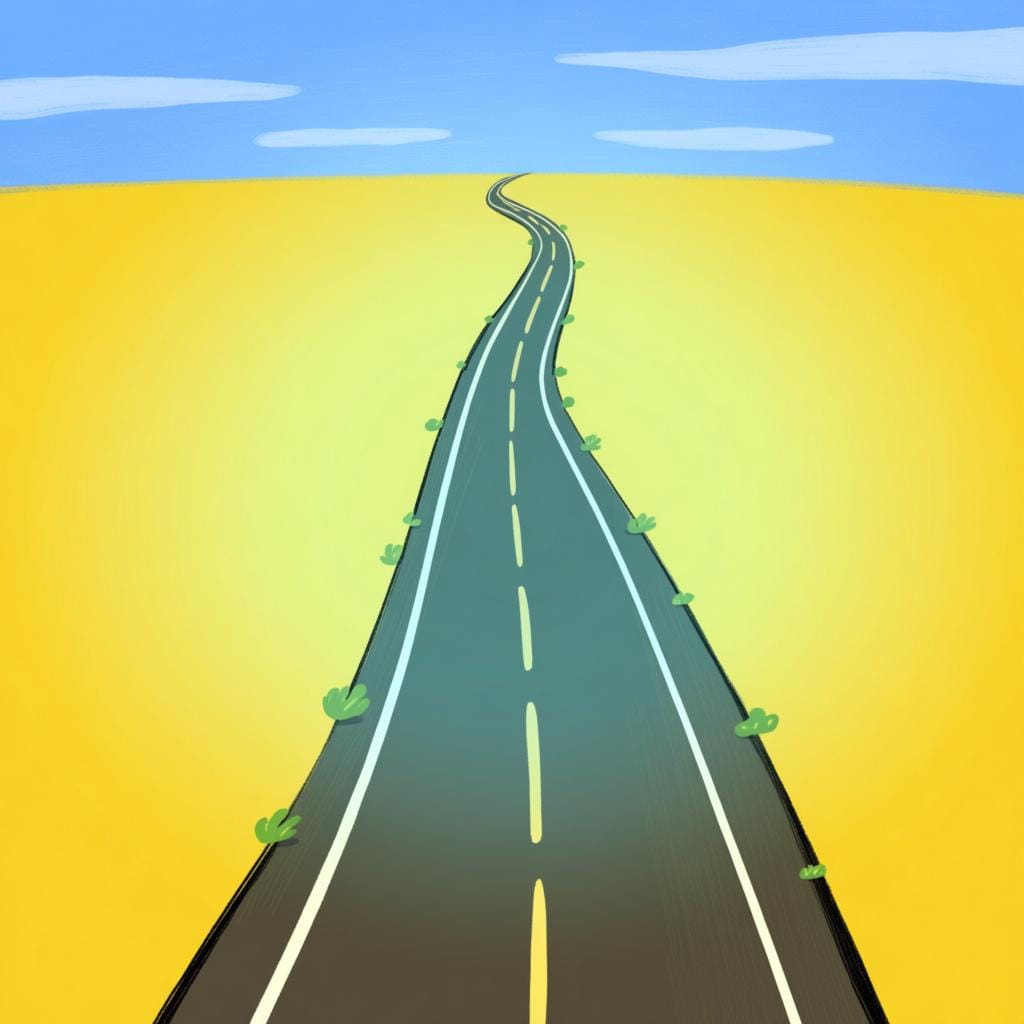 A winding, very long road stretching far into the distance across a green landscape.