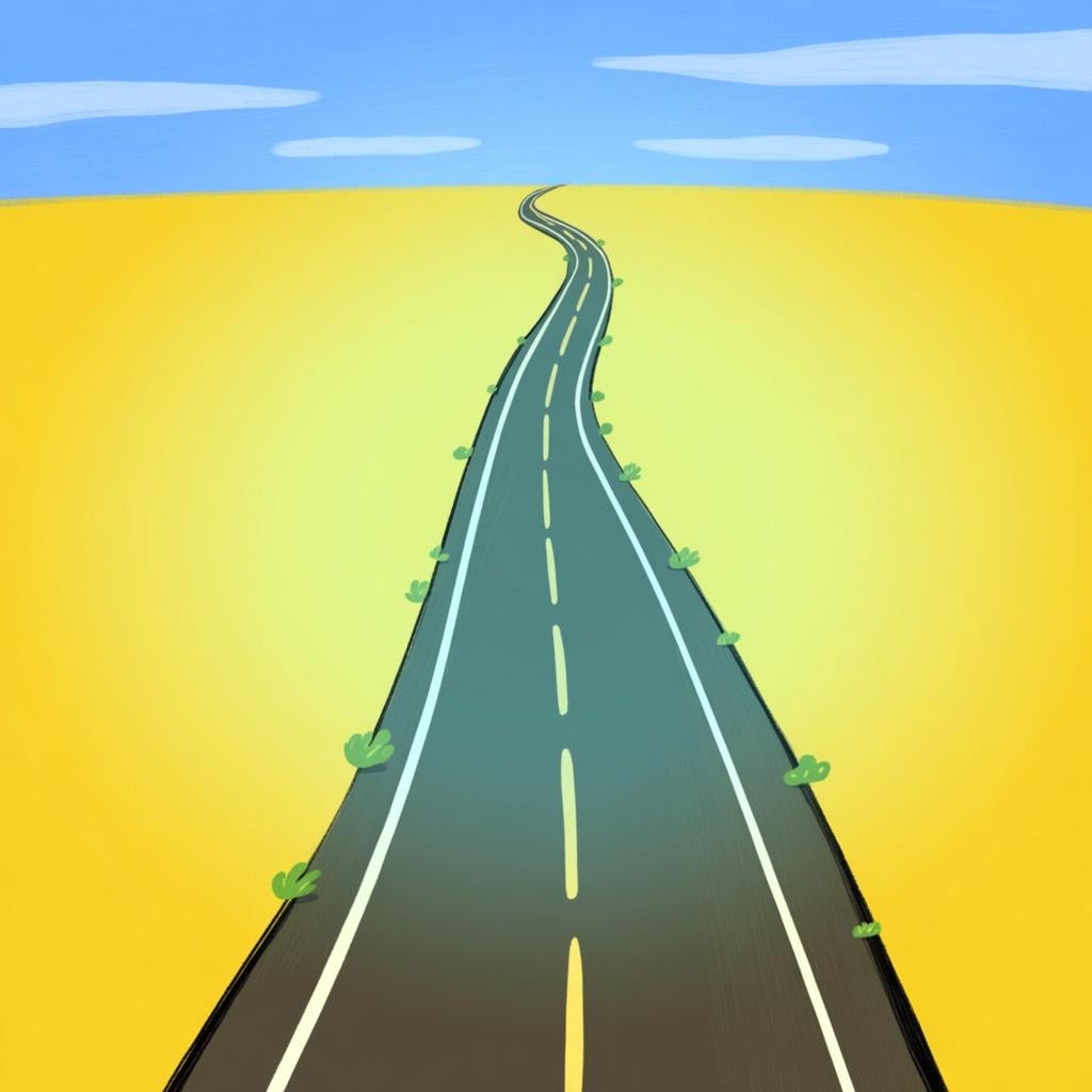 A winding, very long road stretching far into the distance across a green landscape.