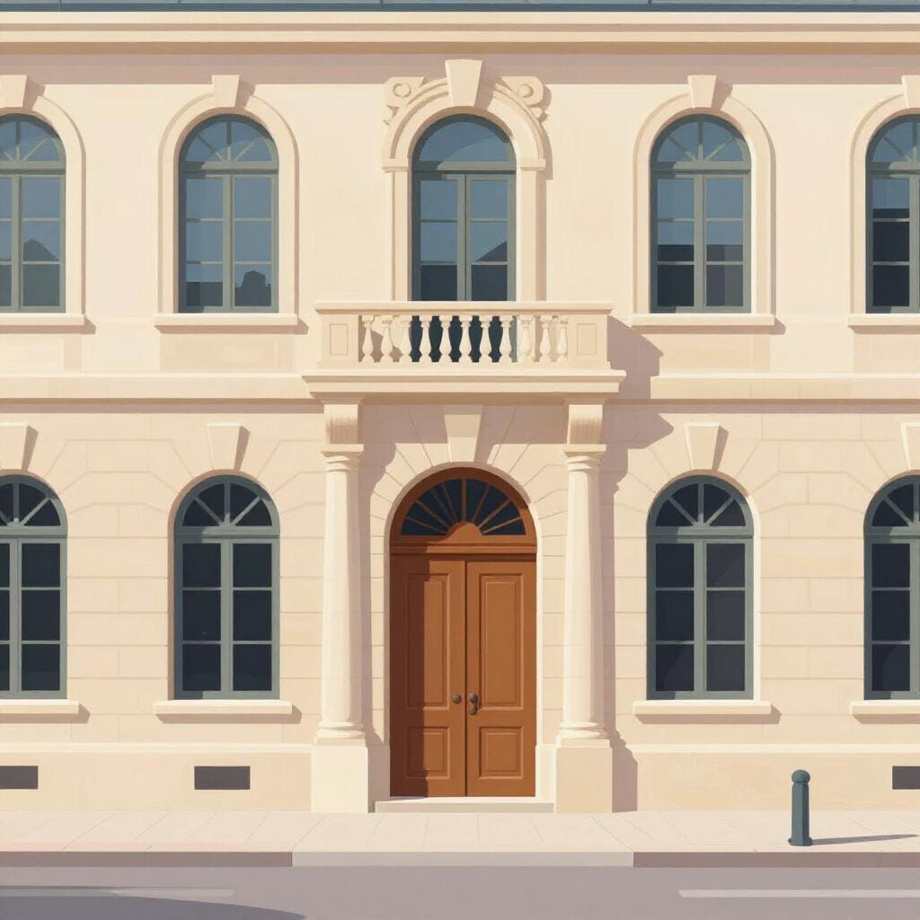 Une belle façade de bâtiment en pierre avec des fenêtres cintrées et une grande porte en bois.