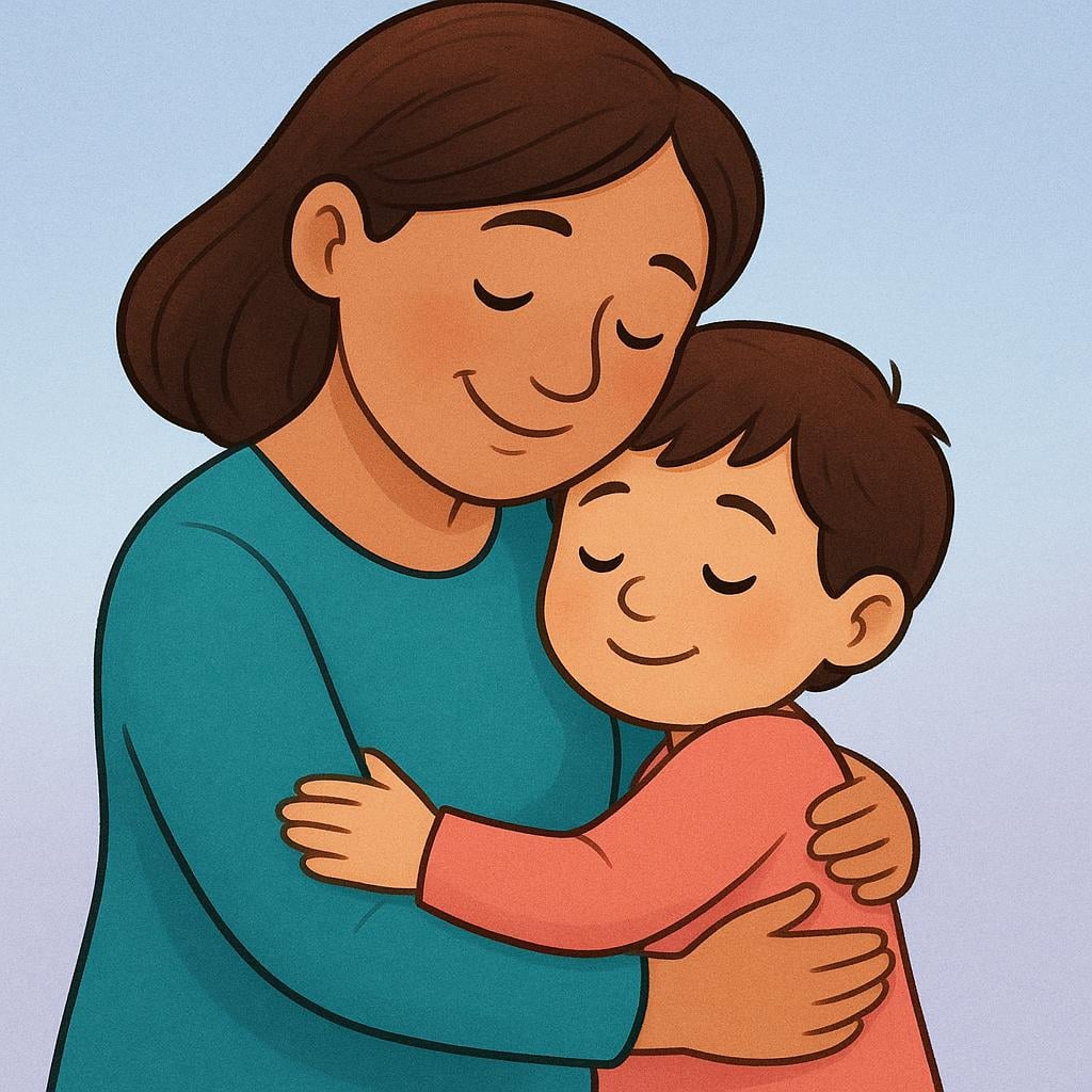 A warm storybook illustration showing an adult woman embracing a small child affectionately, both smiling.