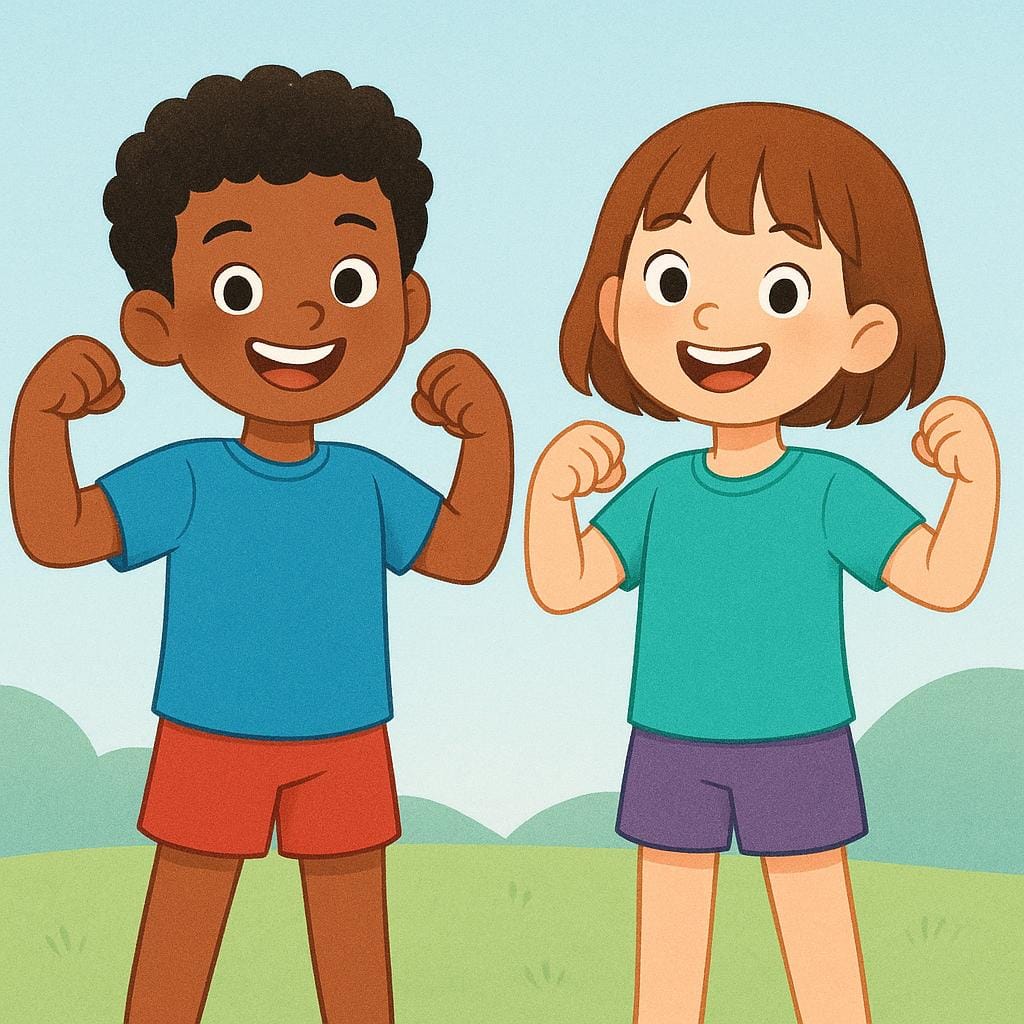 Two smiling children standing side-by-side flexing their arms strongly and confidently, illustrating the concept of making themselves strong or ready.