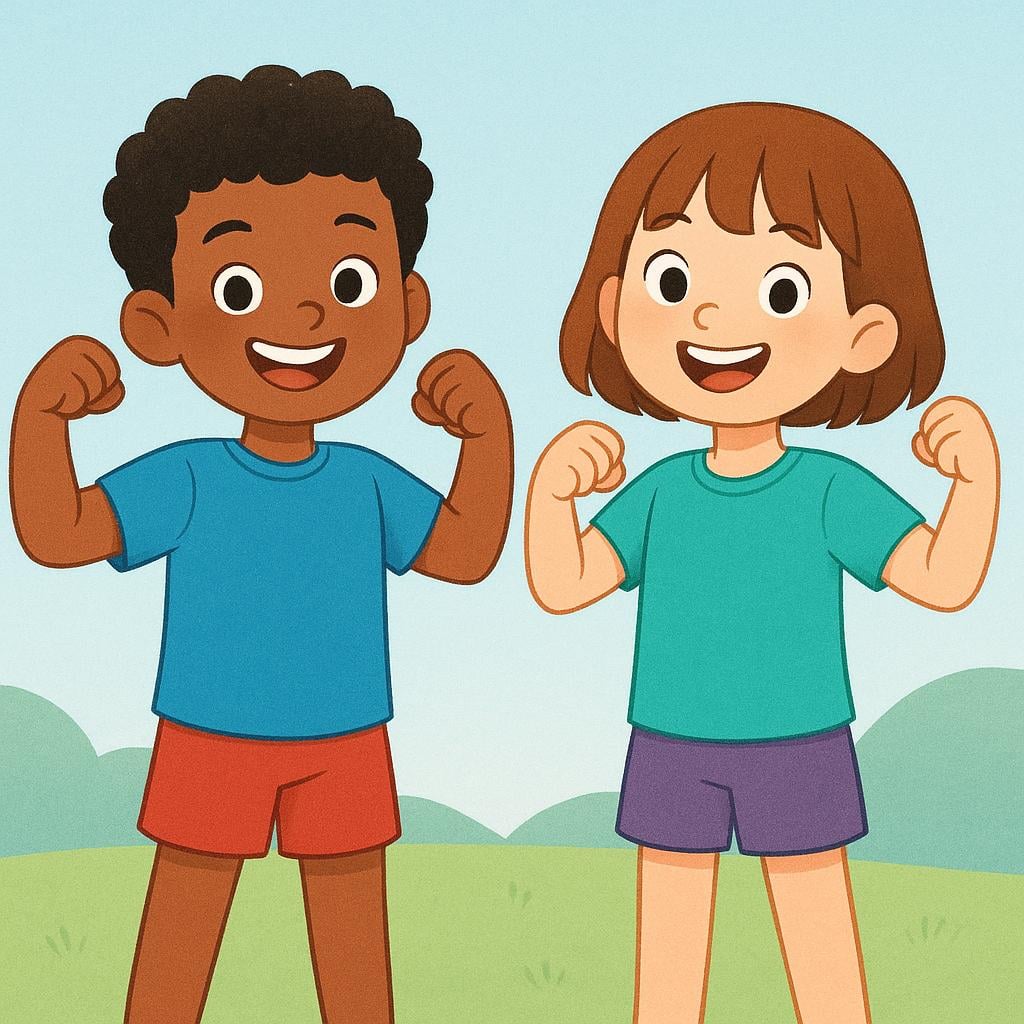 Two smiling children standing side-by-side flexing their arms strongly and confidently, illustrating the concept of making themselves strong or ready.