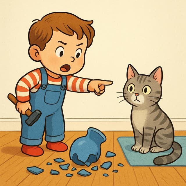Uma criança pequena ao lado de um vaso azul quebrado no chão. A criança aponta acusadoramente para um gato sentado por perto, enquanto secretamente segura um pequeno martelo atrás das costas.