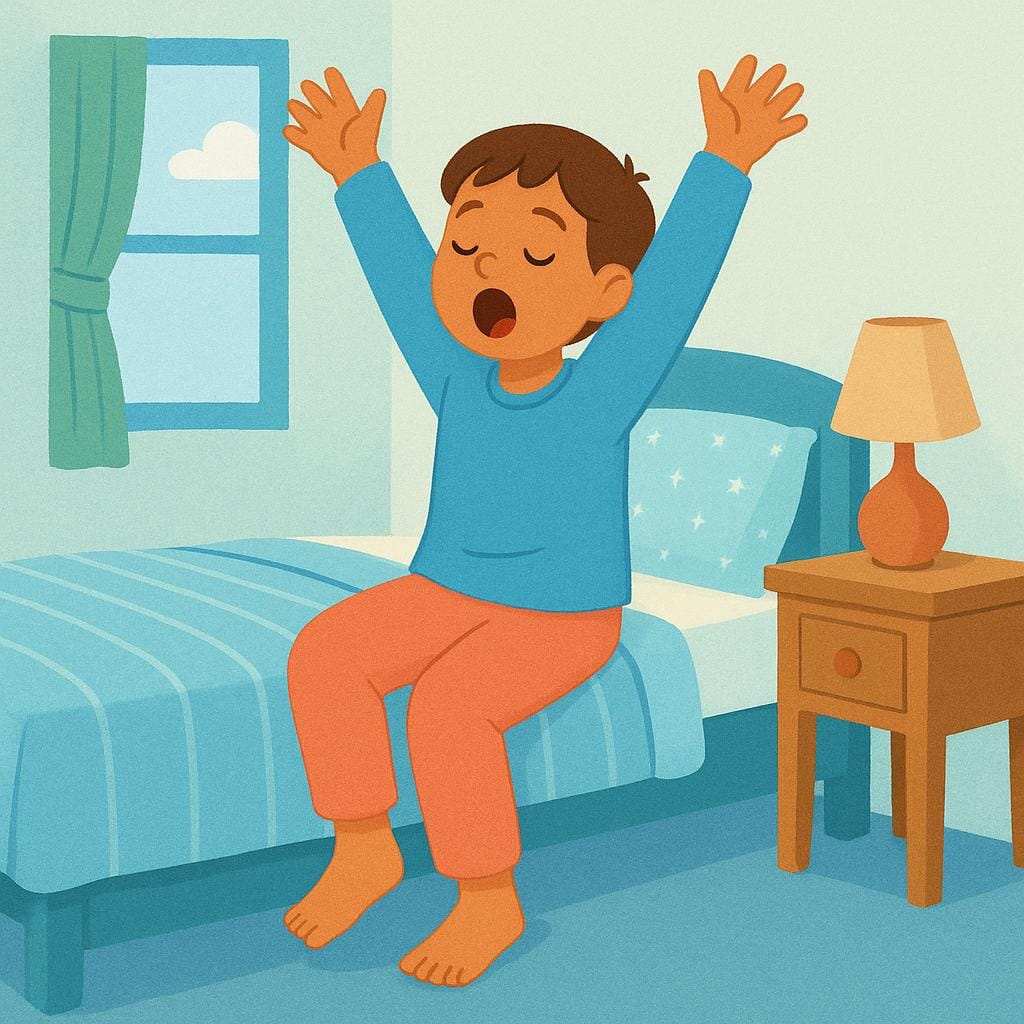 A cheerful person with messy hair sitting on the edge of a colorful bed, stretching their arms upward after waking up.