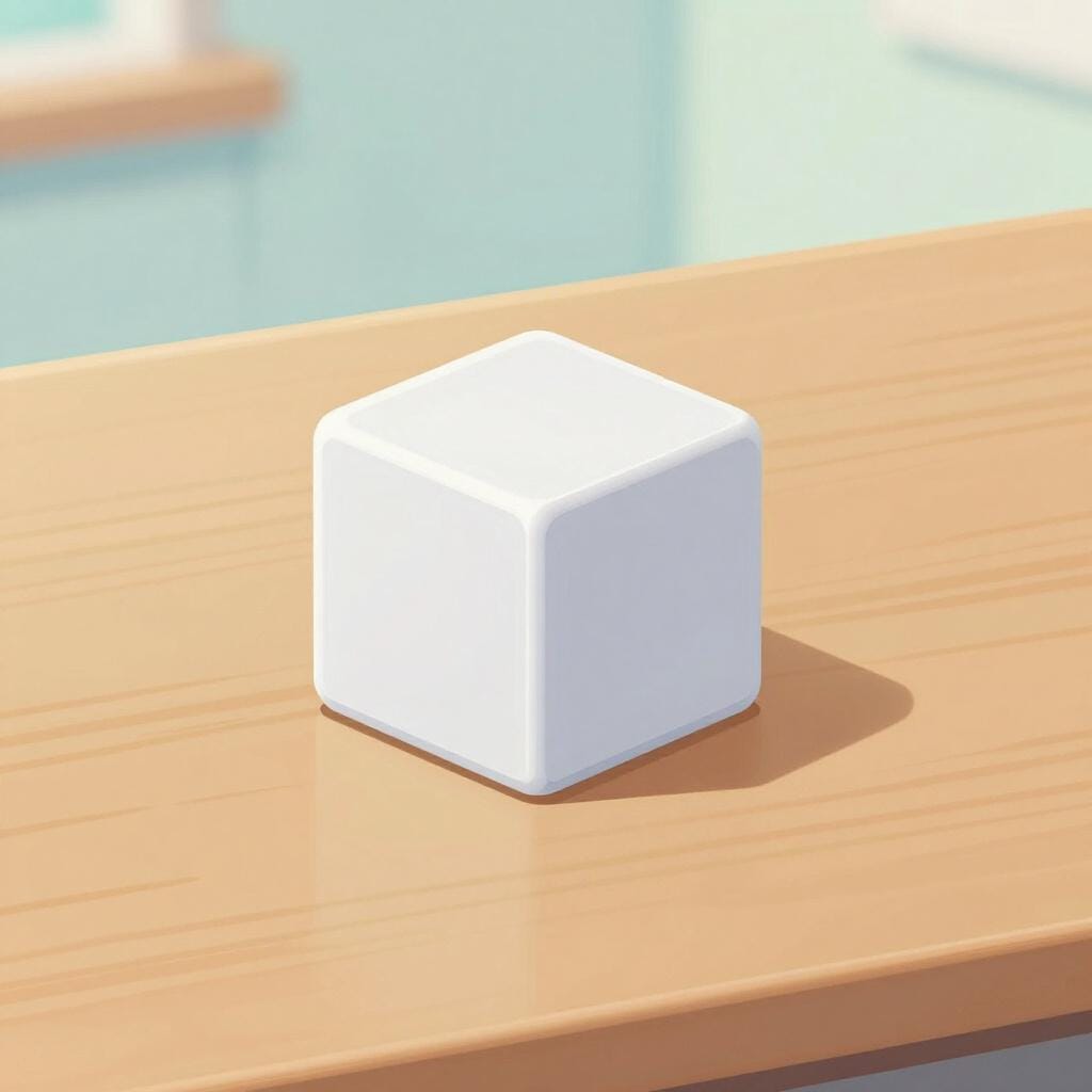 나무 테이블 위에 놓인 작은 3D 큐브.