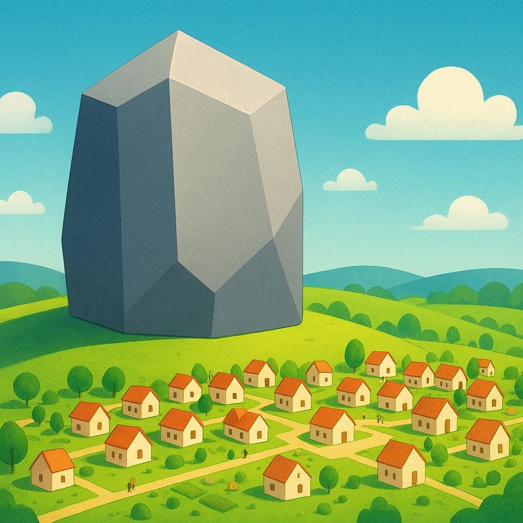 A massive, smooth, gray, geometric monolith sits atop a hill, overlooking and dominating a small, organized village below, symbolizing abstract power and control.