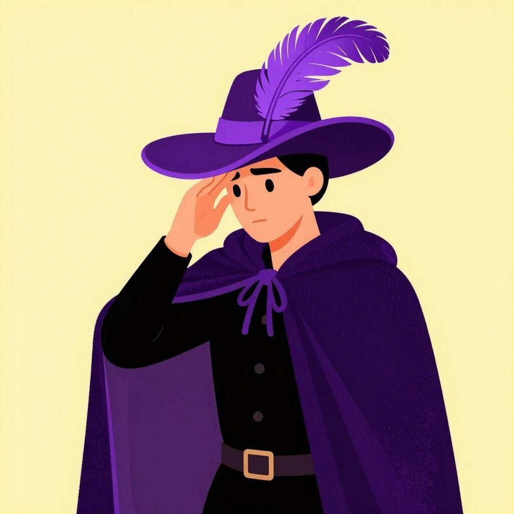 Una persona che indossa un cappello piumato esagerato e stravagante e un mantello di velluto, che si comporta in modo molto drammatico ed esagerato.