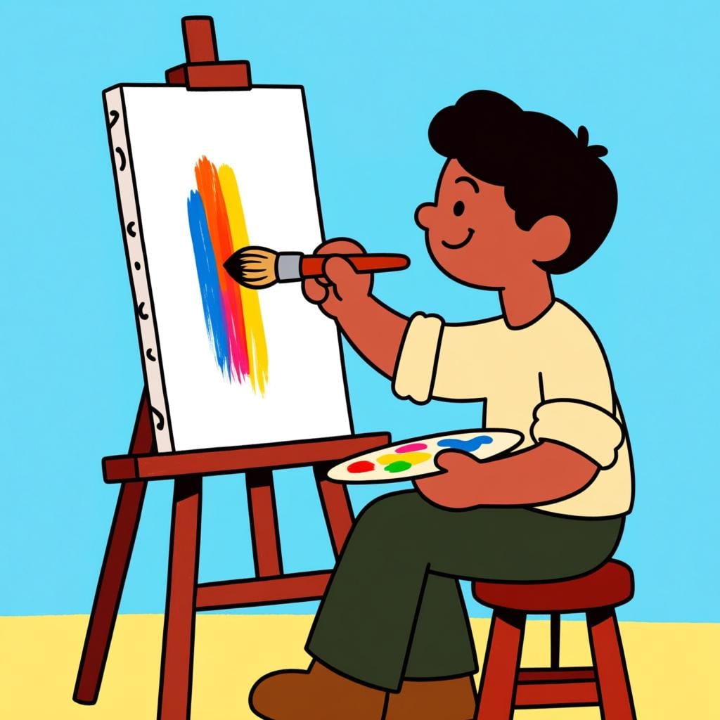 A friendly cartoon artist sitting at an easel, focused intently on painting a canvas, emphasizing the continuation of the task.