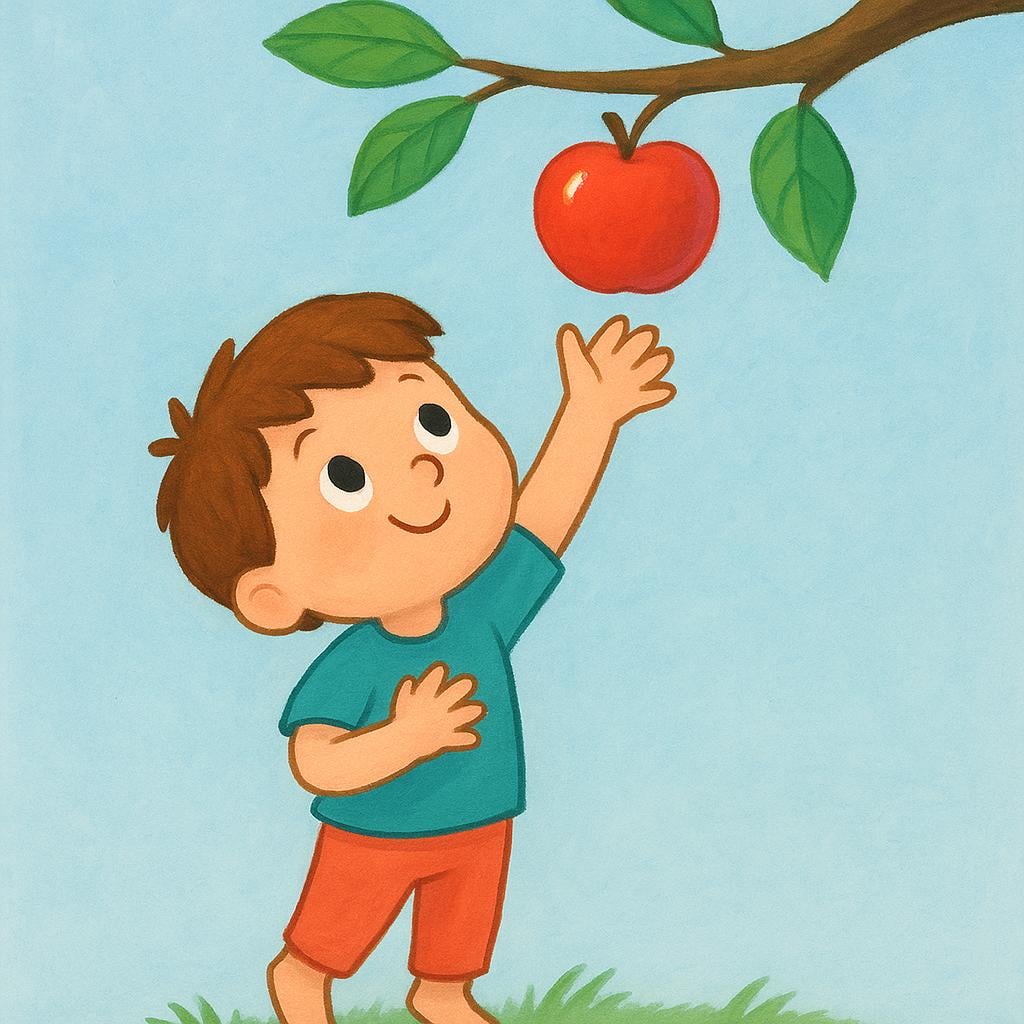 A small figure standing on their tiptoes, stretching their hand high with effort to reach a brightly colored apple hanging from a low tree branch.
