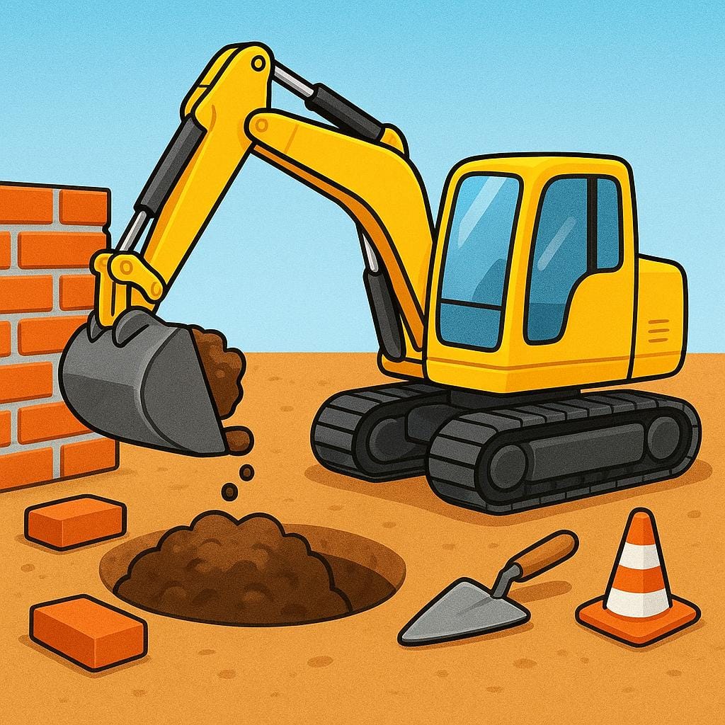 A simple depiction of a construction site with a yellow excavator moving dirt next to a partially built brick wall.