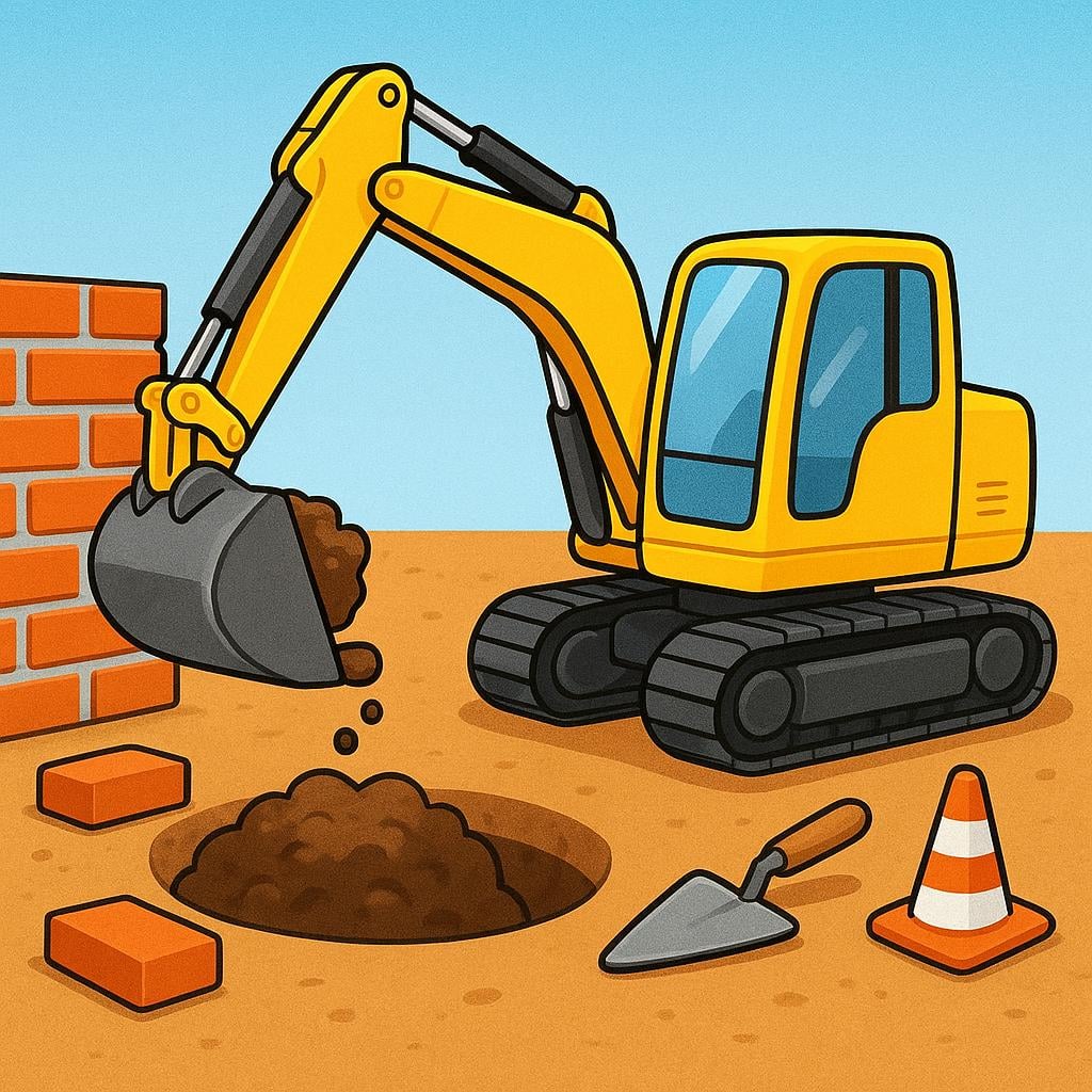 A simple depiction of a construction site with a yellow excavator moving dirt next to a partially built brick wall.