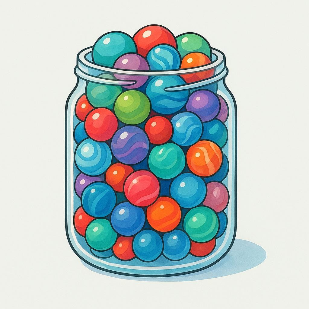 A clear glass jar completely filled to the brim with colorful, round marbles, leaving no empty space inside.