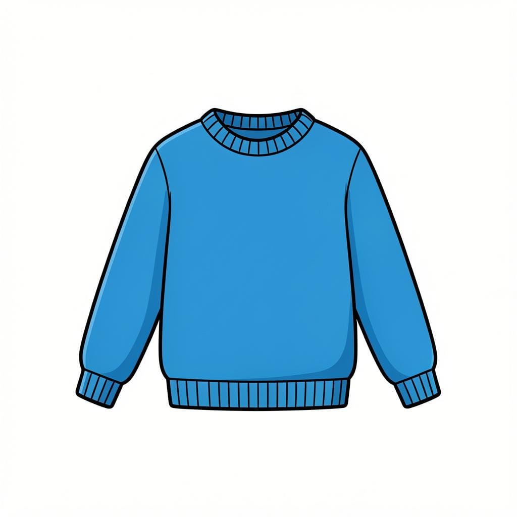 明るい青色で、クラシックなクルーネックの、居心地の良い長袖ニットセーター。