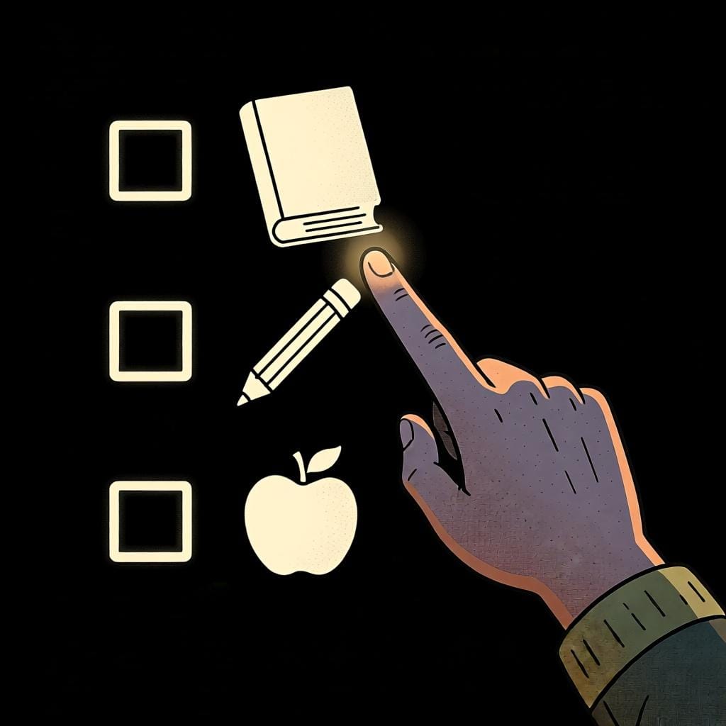 A person's finger pointing to the first of three simple icons on a list, signifying the first time or instance.