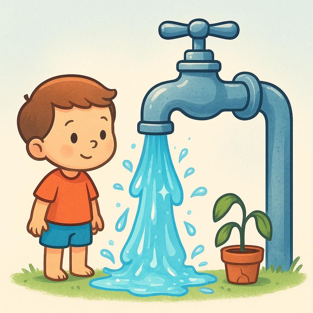 Une illustration de livre d'histoires montrant un enfant gaspillant négligemment de l'eau d'un robinet qui déborde, la laissant couler sur le sol tout en ignorant une plante en pot assoiffée à proximité.
